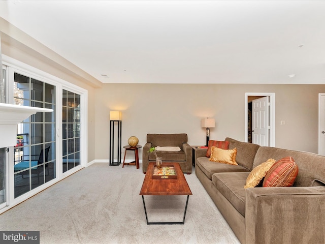 living room with light colored carpet