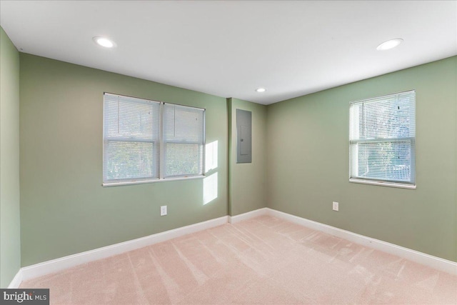 spare room featuring light carpet and electric panel