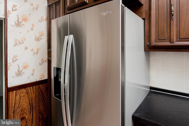 2217 N 59th St, Philadelphia, PA 19131 - kitchen with stainless steel fridge with ice dispenser, tasteful backsplash, and dark brown cabinets