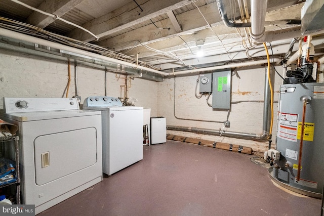 laundry room featuring water heater and washer and clothes dryer