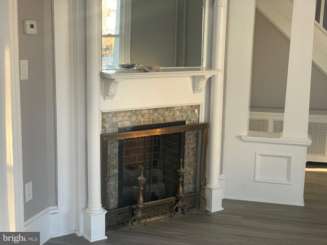 interior details with a fireplace and wood-type flooring