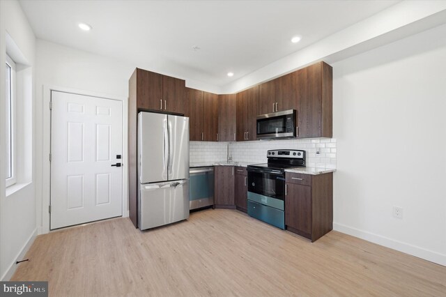 kitchen featuring stainless steel appliances, dark brown cabinetry, light wood-type flooring, and backsplash