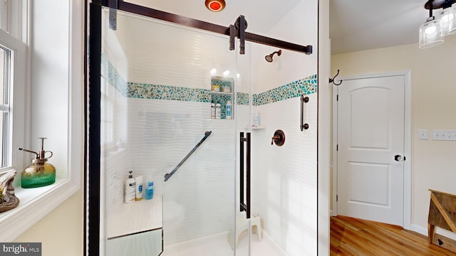 bathroom with hardwood / wood-style floors and a shower with shower door