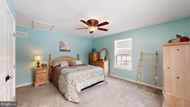 carpeted bedroom featuring ceiling fan