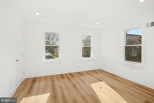 spare room with a wealth of natural light and light hardwood / wood-style floors