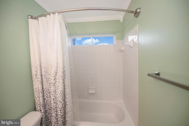 bathroom with shower / bathtub combination with curtain, toilet, and ornamental molding