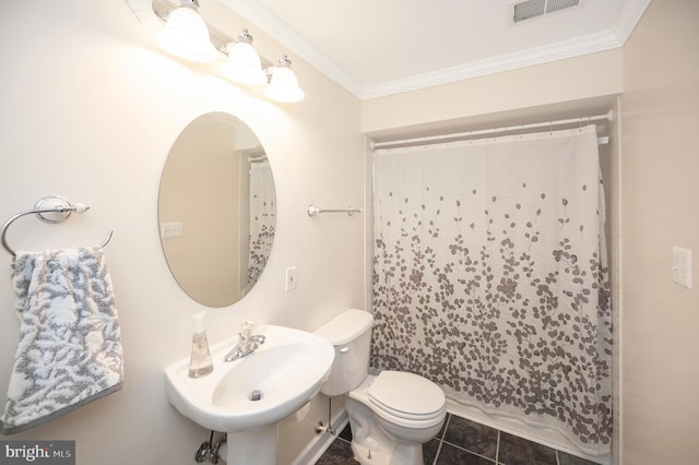 bathroom with tile patterned flooring, sink, a shower with shower curtain, crown molding, and toilet