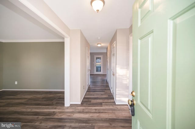 hallway featuring dark wood-type flooring and crown molding