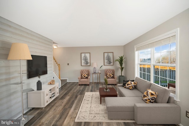 living room featuring dark wood-type flooring