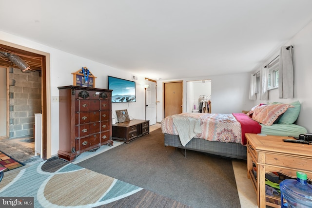 bedroom with a walk in closet, a closet, and carpet floors