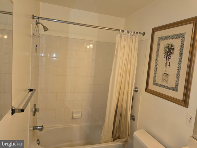 bathroom featuring toilet and shower / bathtub combination with curtain