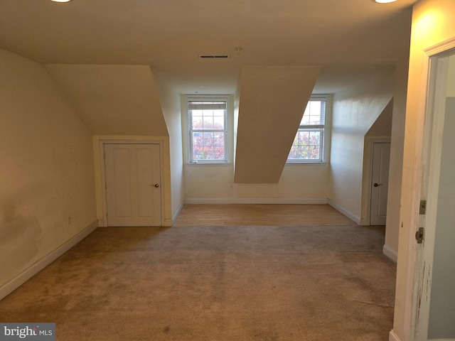 additional living space with light carpet and vaulted ceiling