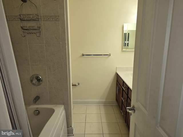 bathroom with vanity, tile patterned flooring, and tiled shower / bath combo