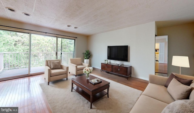 living room with wood-type flooring and a textured ceiling