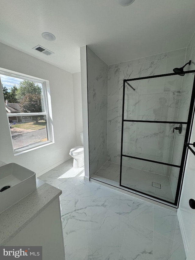 bathroom featuring vanity, toilet, and an enclosed shower