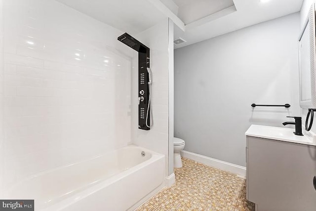 full bathroom featuring bathtub / shower combination, vanity, and toilet