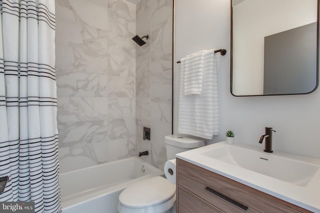 full bathroom with vanity, shower / bathtub combination with curtain, and toilet