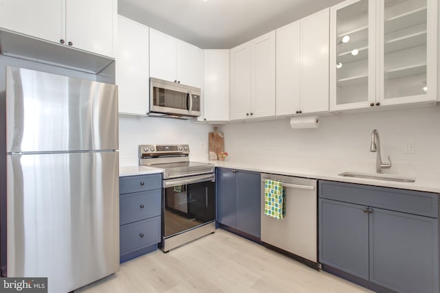 kitchen with appliances with stainless steel finishes, light wood-type flooring, white cabinetry, and sink