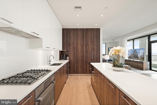 kitchen featuring white cabinets, light wood-type flooring, stainless steel appliances, and sink