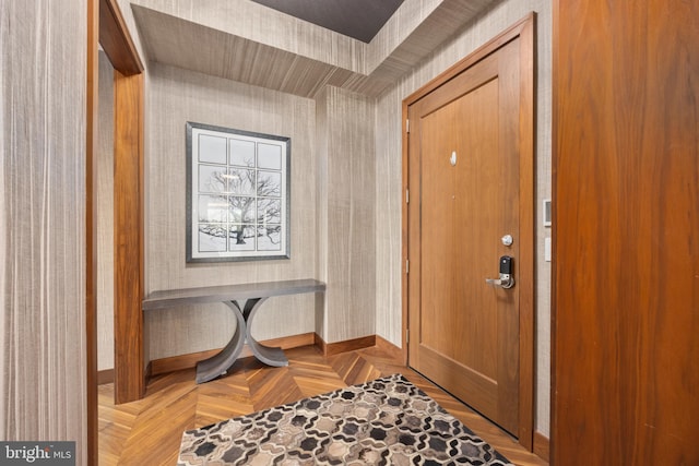 foyer featuring light parquet flooring