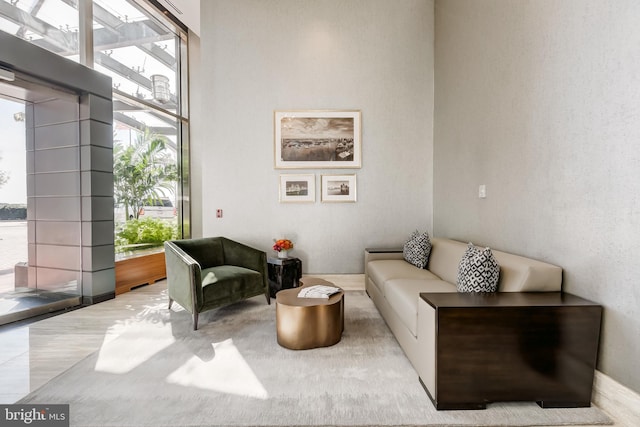 living room with a towering ceiling