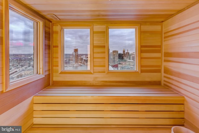 view of sauna with wooden walls and wood ceiling