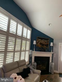 living room with ceiling fan and lofted ceiling