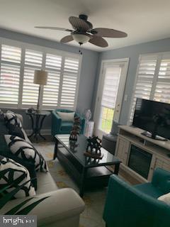 living room with ceiling fan