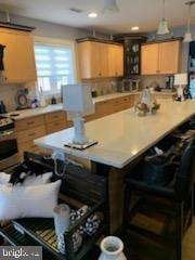 kitchen featuring stainless steel range and light brown cabinetry