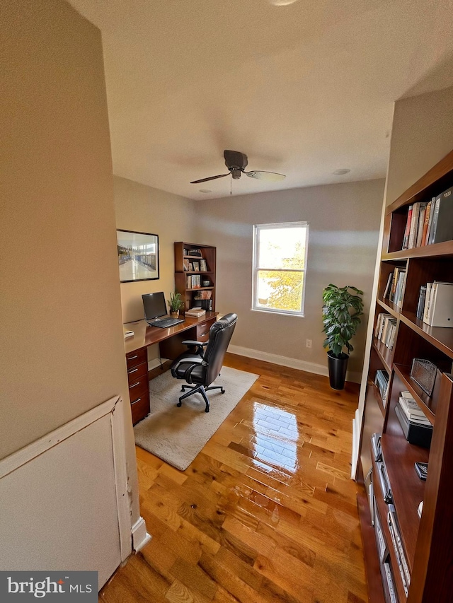 office featuring light wood-type flooring and ceiling fan