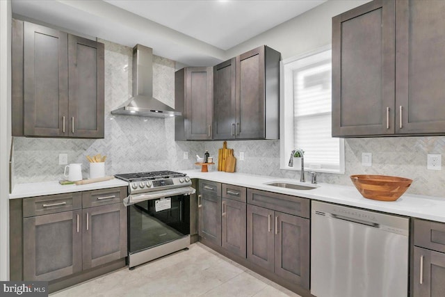 kitchen featuring wall chimney exhaust hood, sink, stainless steel appliances, and tasteful backsplash