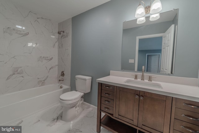 full bathroom with vanity, an inviting chandelier, toilet, and tiled shower / bath