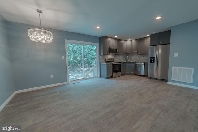 kitchen with light hardwood / wood-style flooring, gray cabinetry, pendant lighting, appliances with stainless steel finishes, and tasteful backsplash