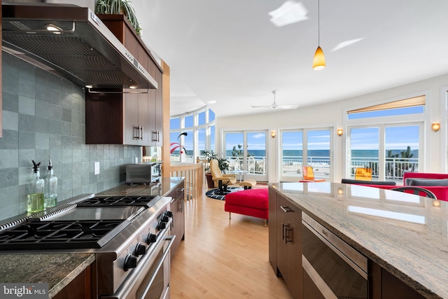 kitchen with hanging light fixtures, range hood, light hardwood / wood-style floors, dark brown cabinetry, and stainless steel appliances