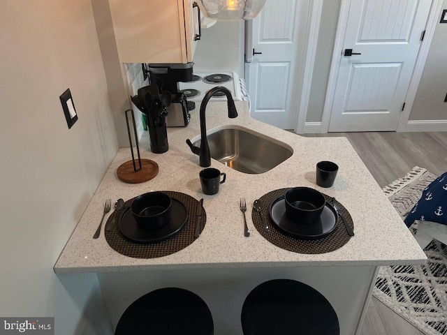 room details with light stone counters, sink, and light hardwood / wood-style floors