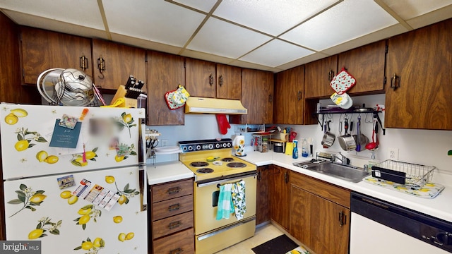 kitchen with a paneled ceiling, sink, and white appliances