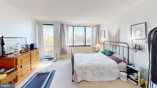 bedroom featuring light carpet and a textured ceiling