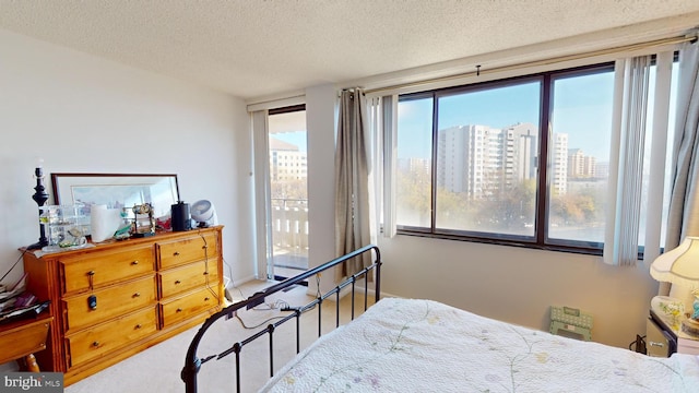 bedroom featuring carpet flooring and a textured ceiling