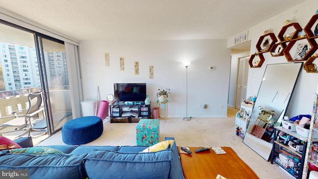 carpeted living room with a textured ceiling