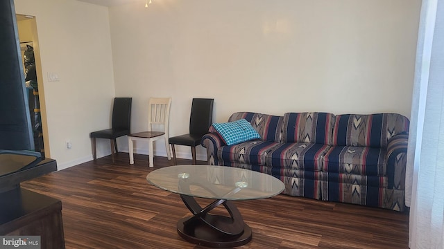 living room with dark hardwood / wood-style flooring