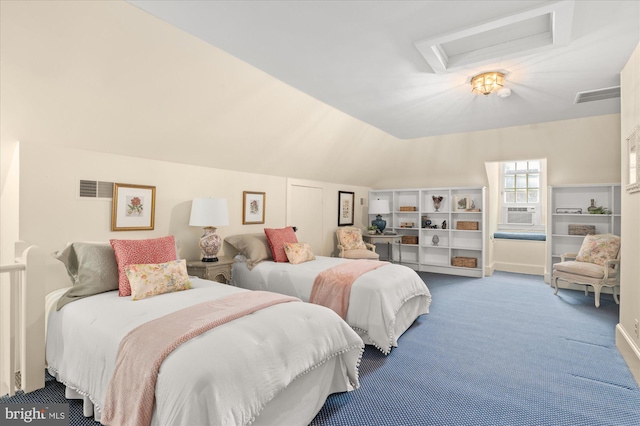 bedroom with carpet and lofted ceiling