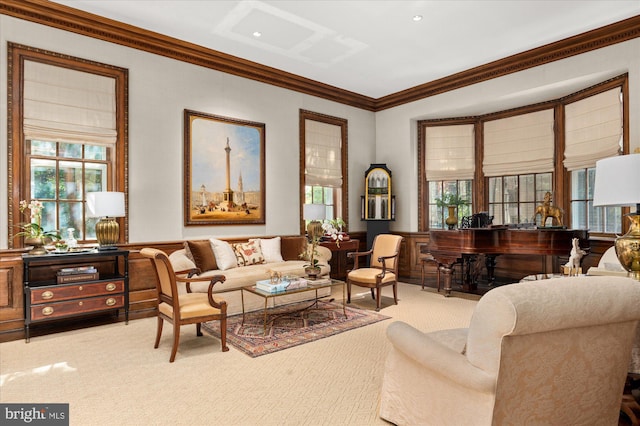 living room with light carpet, ornamental molding, and a healthy amount of sunlight