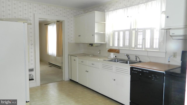 kitchen with dishwasher, sink, white refrigerator, white cabinets, and ornamental molding