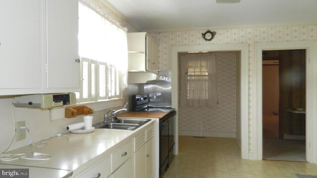 kitchen featuring white cabinets, black range with electric stovetop, plenty of natural light, sink, and crown molding