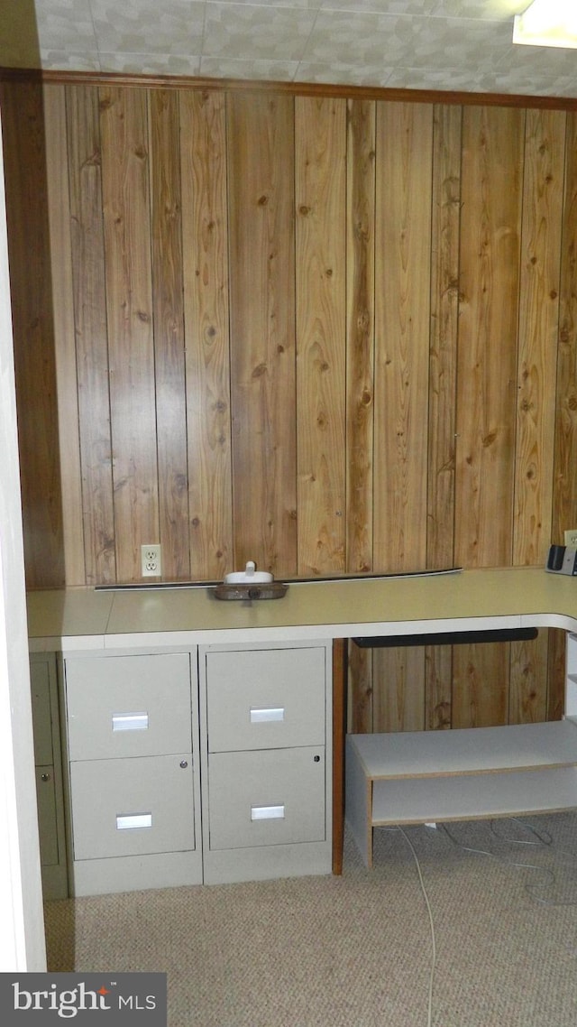 laundry area with wood walls