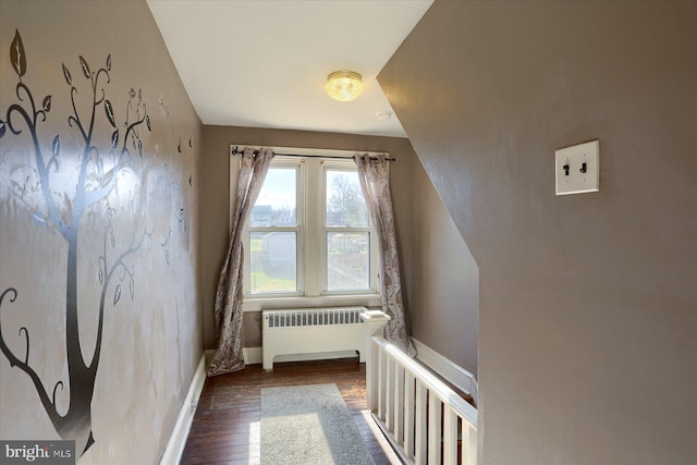 additional living space featuring dark wood-type flooring and radiator