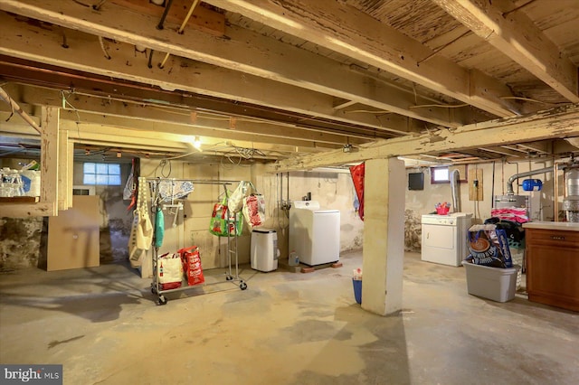 basement with a healthy amount of sunlight, independent washer and dryer, and electric panel