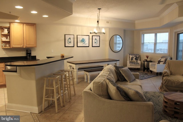 18 41st St Unit 304, Ocean City, MD 21842 - living room featuring ornamental molding, recessed lighting, light tile patterned floors, a chandelier, and baseboards
