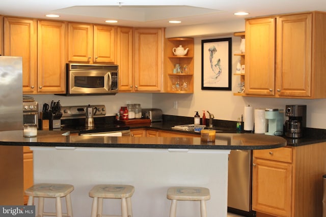 kitchen with kitchen peninsula, a breakfast bar, and appliances with stainless steel finishes