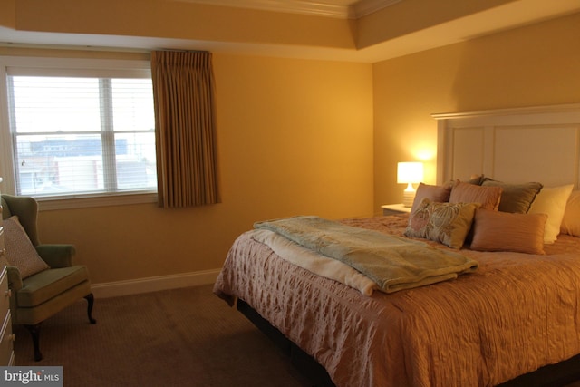 bedroom featuring dark colored carpet and ornamental molding